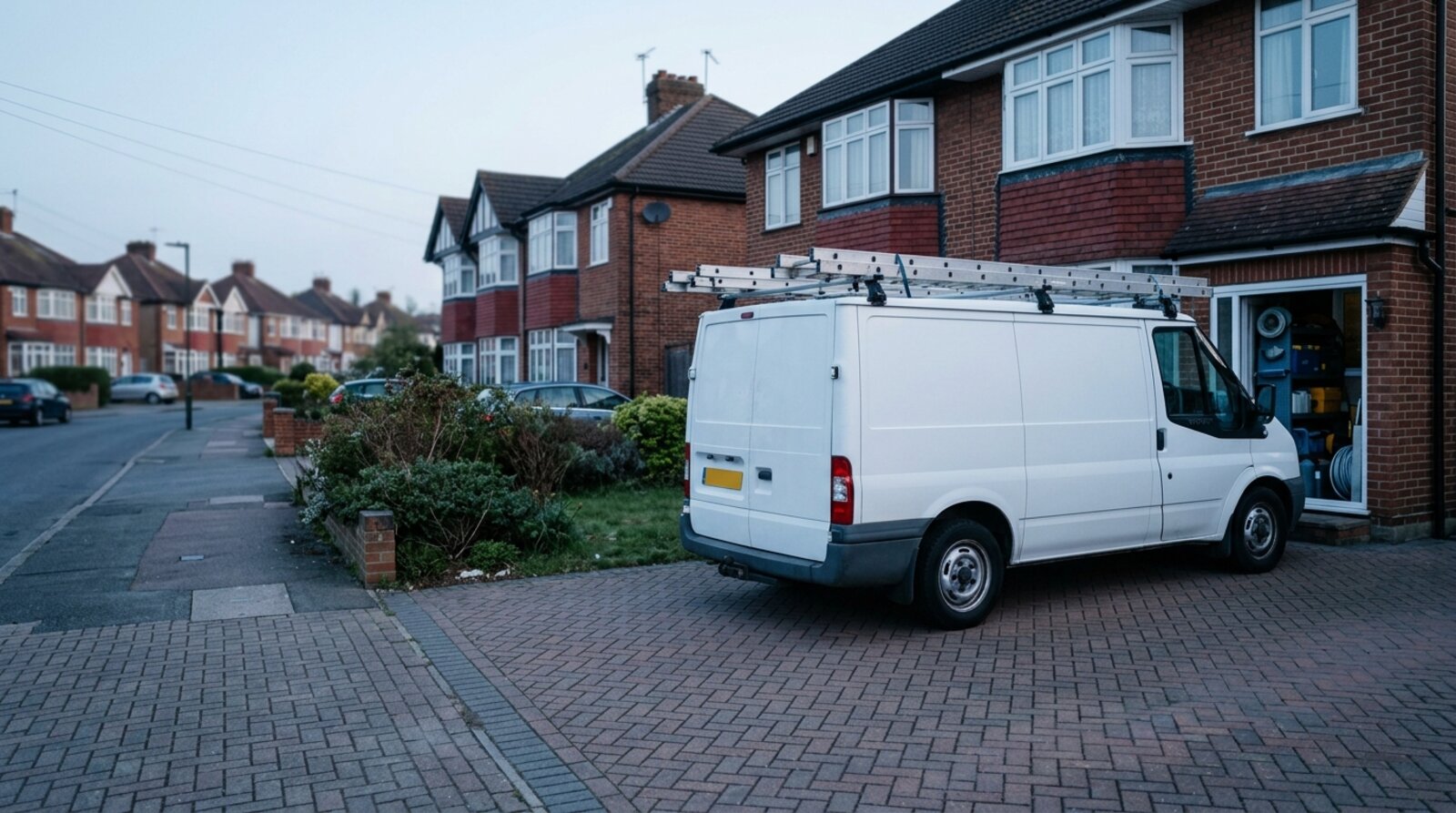 A contractor van parked off-street outside a Bromley serviced house at dawn, ready for an early site start.