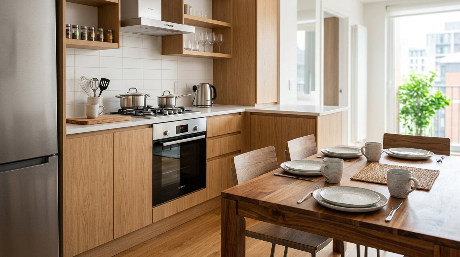 A fully equipped kitchen in a Bromley serviced apartment with a full-size oven, hob and dining table set for a working crew.