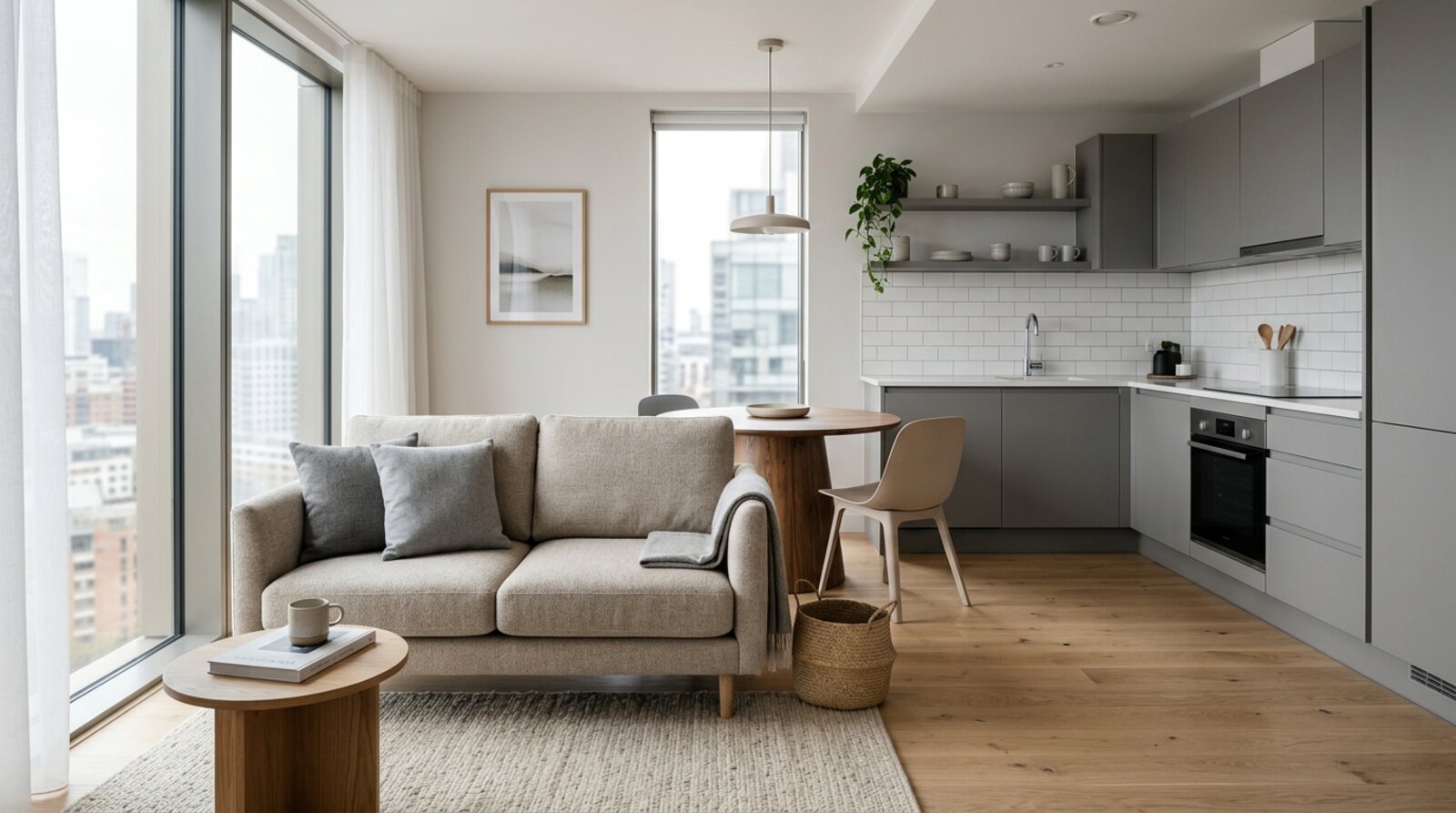 Interior of a serviced apartment with kitchen and living space suitable for a working team on a medium-term stay