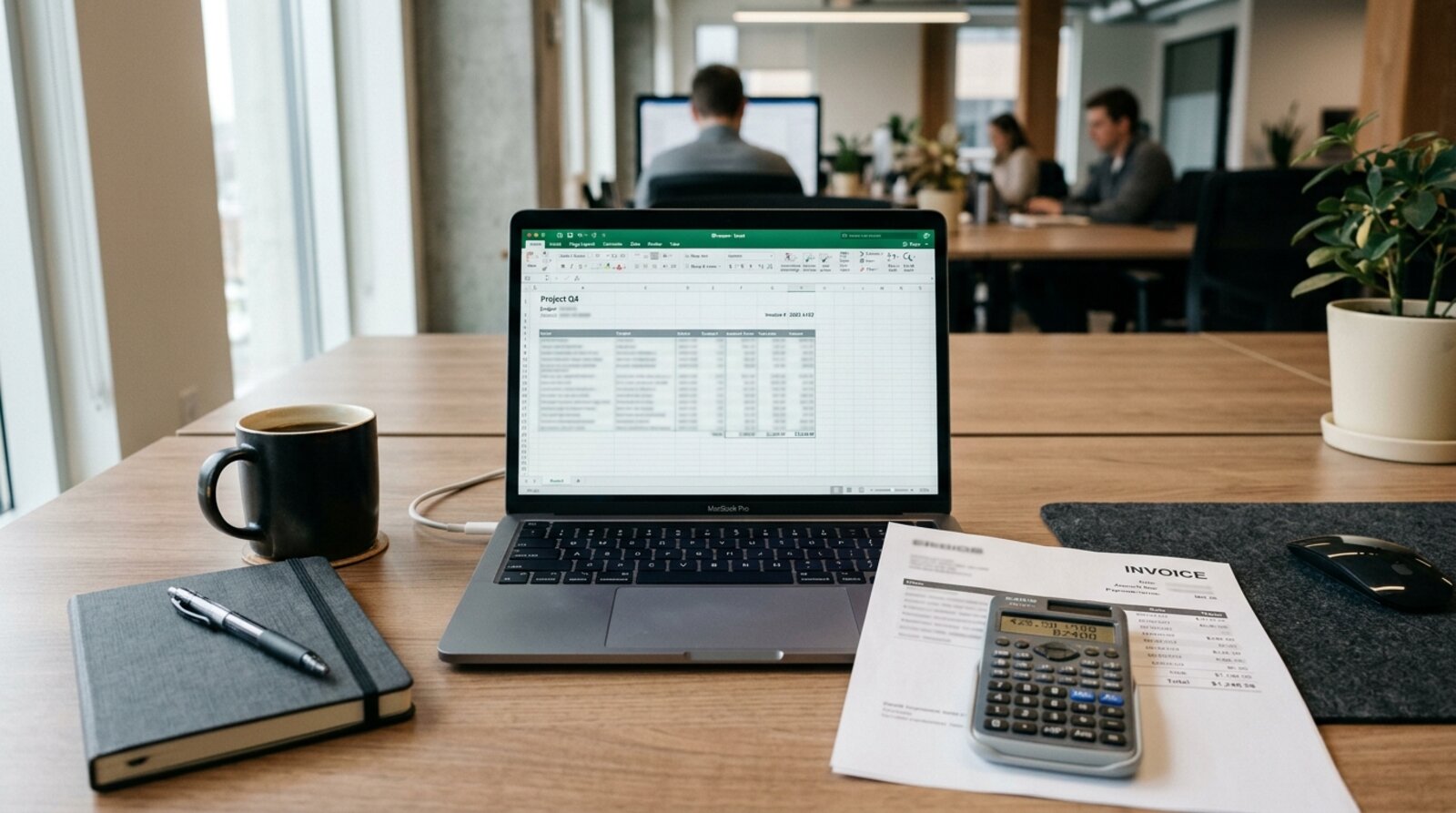 A desk with a laptop spreadsheet, a printed invoice and a calculator used to reconcile a team accommodation booking