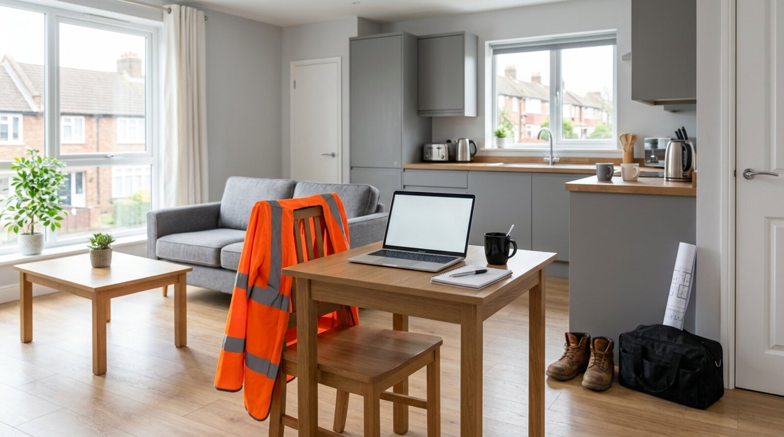 Three furnished serviced accommodation flats arranged for a contractor team, with twin beds, a shared kitchen and work bags by the door in Bromley