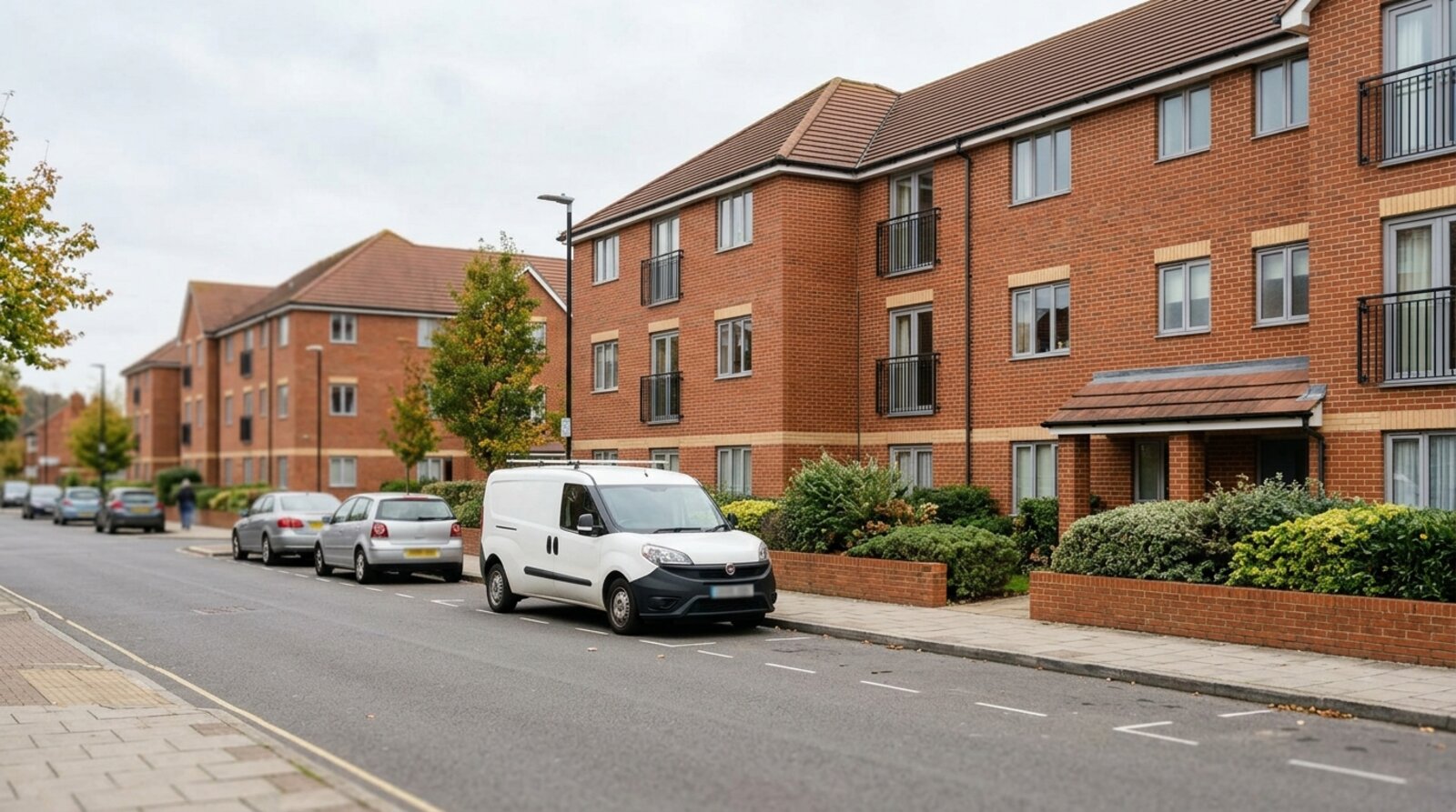 A row of self-contained serviced apartment buildings in a quiet residential street near Bromley with vehicles parked outside