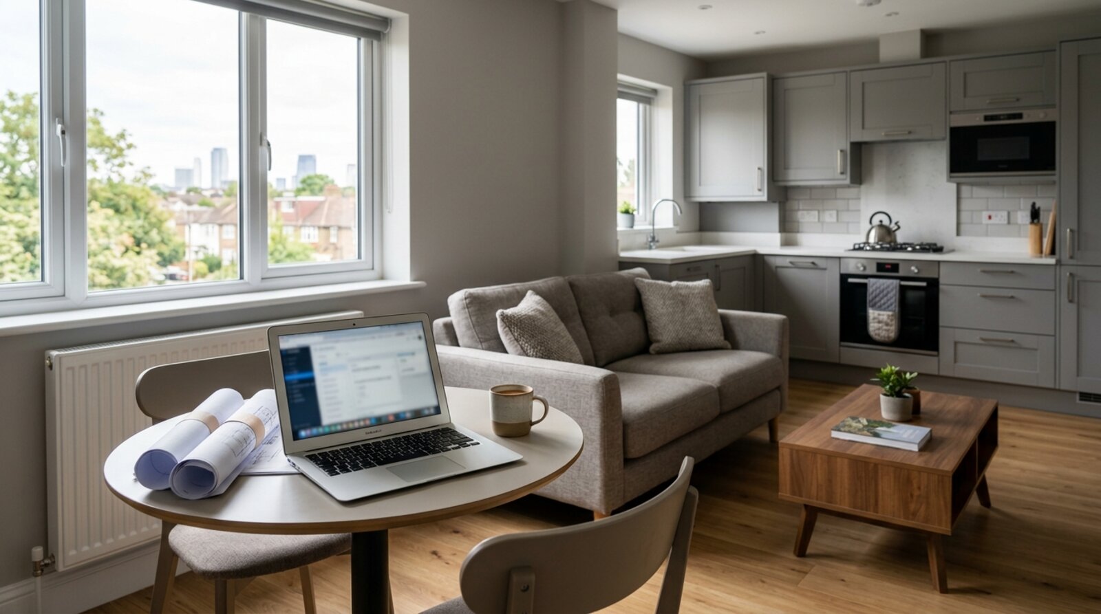 Furnished open-plan serviced apartment living and kitchen area suited to a contractor stay in Bromley