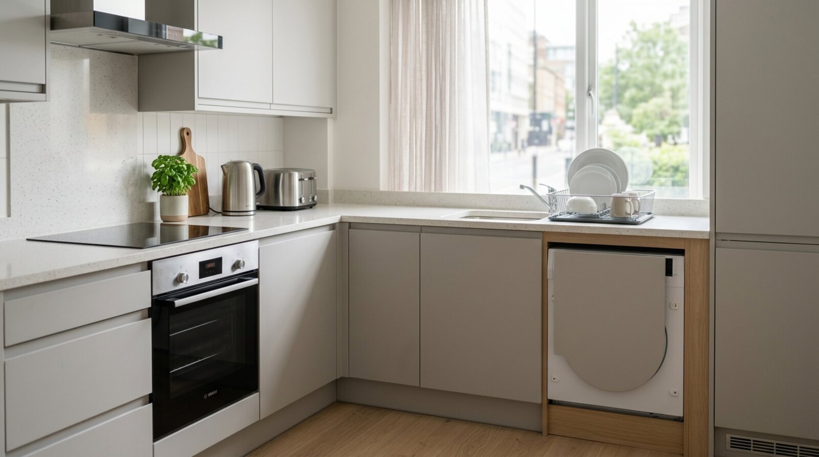 Fully fitted self-catering kitchen with washing machine in a Bromley serviced flat